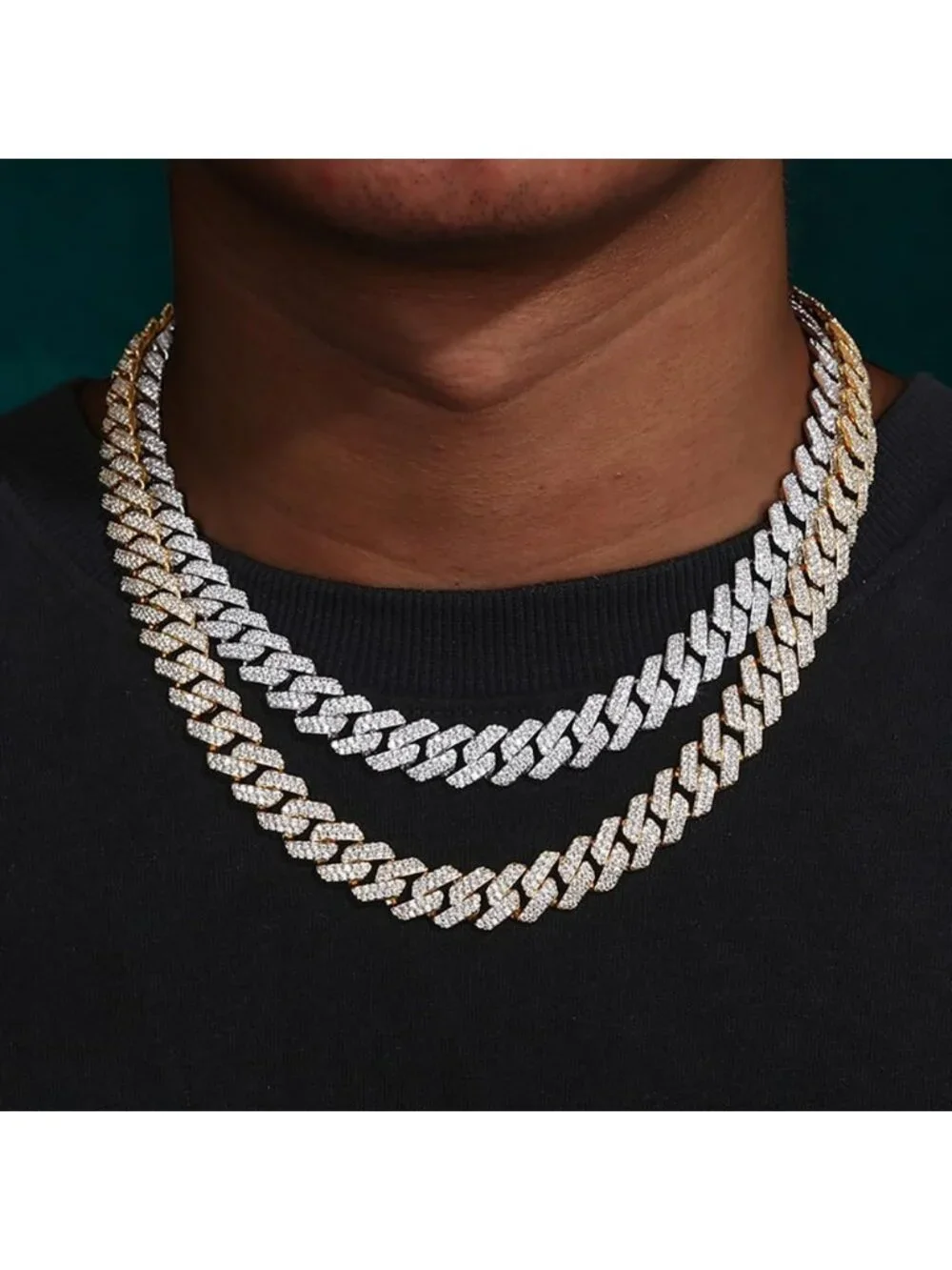 Men's Yellow Gold 14mm Iced Out Cuban Chain 5a+ Cz 14k White Gold Plated Jewelry